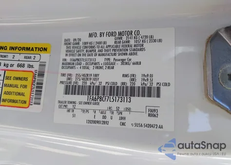 2020 Ford Mustang Gt Premium Fastback из США, поврежденный, VIN 1FA6P8CF7L5173113